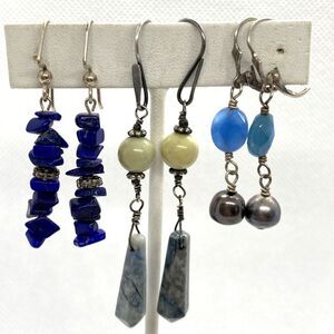 Vintage Lot 3‎ Pairs Blue Stone Beaded Dangle Earrings Sterling 925 Silver 15.3g